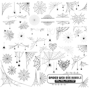May include: A collection of black and white digital illustrations featuring various spider web designs, hanging spiders, and corner webs. The image includes a rectangular label with the text SPIDER WEB SVG BUNDLE, SVG, PNG, JPG & PDF.