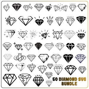 May include: A collection of 50 black and white diamond icons arranged in a grid. Each graphic features a unique diamond shape, some with sparkle accents, solid fills, or line art styles. The text 50 DIAMOND SVG BUNDLE is printed in the bottom right.
