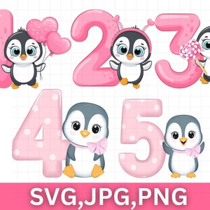 Ensemble complet de pingouin nombre anniversaire fleurs et ballons dessins PNG clipart design \ image clipart transparente téléchargement immédiat \ sublim