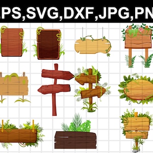May include: A set of 10 digital illustrations of wooden signs with various shapes and sizes. The signs are decorated with green vines and leaves. The signs are perfect for adding a rustic touch to your designs.