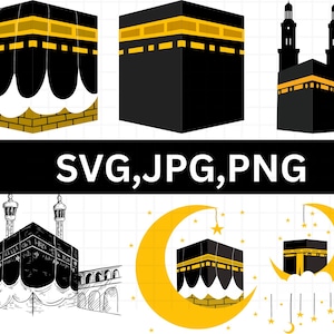 Pode incluir: Uma ilustração em preto e dourado da Caaba, um edifício em forma de cubo em Meca, Arábia Saudita. A Caaba é um local sagrado no Islão e é visitado por milhões de peregrinos a cada ano. A ilustração mostra a Caaba com sua cobertura preta e seus detalhes dourados. A Caaba é cercada por uma nuvem branca e uma lua crescente.