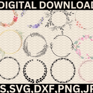 Könnte beinhalten: Digitaler Download-Grafik mit verschiedenen floralen Kranzdesigns. Die Kränze umfassen Aquarell- und Linienkunststile mit Blumen in Rosa, Lila und Weiß. Der Text "DIGITALER DOWNLOAD" und Dateitypoptionen werden angezeigt.