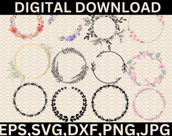FLORAL WREATH SVG Bundle\ Circle Frame Svg\ Botanical Frame Wedding\ Wreath Svg\ Flower Garland\ Cricut Silhouette\ Svg Png Dxf Eps Jpg