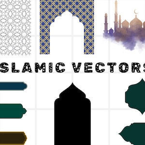 May include: A set of Islamic vector graphics, including a mosque silhouette, geometric patterns, and decorative frames. The graphics are in black, white, green, and gold.