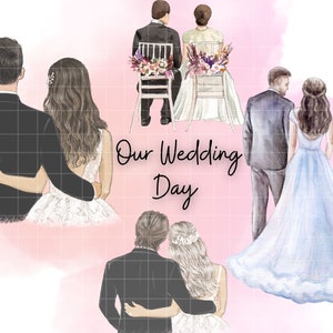 Novia y novio espalda Clipart\ Imágenes prediseñadas de matrimonio\ Recién casados Clipart\ Día de la boda Clipart PNG\ Novia y novio Png\ PNG digital