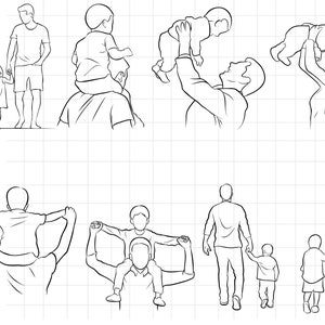 Puede incluir: Una ilustración en blanco y negro de familias con niños. La ilustración muestra a los padres sosteniendo a sus hijos, llevándolos en sus hombros y jugando con ellos.