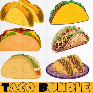 May include: A collection of six illustrated tacos, each with different fillings and styles. The tacos are in hard and soft shells, with various toppings like lettuce, tomatoes, and sauces. The text "TACO BUNDLE" is at the bottom.