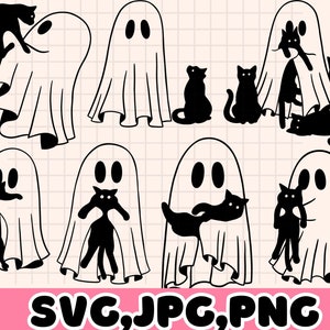 幽霊と黒猫SVG\かわいいハロウィンSVG\ブーSVG\不気味な黒猫SVG\面白い幽霊クリップアート\クリカット用ファイル\シルエットファイル\ベクター