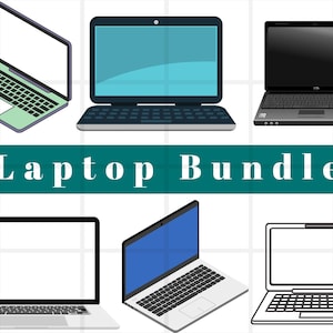 May include: A collection of six laptop illustrations in various styles. The laptops feature open screens, keyboards, and different color schemes, including green, blue, and black. The text "Laptop Bundle" is displayed in a teal banner.