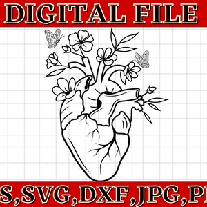 May include: A black and white line art illustration of a human heart with flowers and butterflies growing from it. The heart is stylized with a detailed anatomical design.