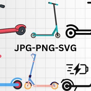 May include: Five different styles of scooters. The first scooter is red with black wheels. The second scooter is blue and teal with black wheels. The third scooter is black with white wheels. The fourth scooter is pink and blue with yellow wheels. The fifth scooter is black with white wheels and has a battery icon.