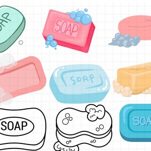 May include: A collection of nine cartoon soap bars in various colors and shapes, including blue, green, pink, and yellow. Some of the soap bars have bubbles around them, and some have the word "SOAP" written on them.