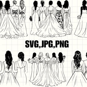 Op de afbeelding: Zwart-witte lijntekening van een groep bruidsmeisjes in trouwjurken. De bruidsmeisjes staan in een rij, met hun gezicht naar voren. De bruid staat in het midden van de groep en draagt een grotere jurk dan de andere bruidsmeisjes. De illustratie is een digitaal bestand en kan worden gebruikt voor knutselen, scrapbooking en andere creatieve projecten.