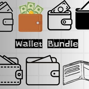 May include: A set of six wallet illustrations in black and white, and color. The wallets are shown open and closed, with some showing cash inside. The text "Wallet Bundle" is at the bottom of the image.