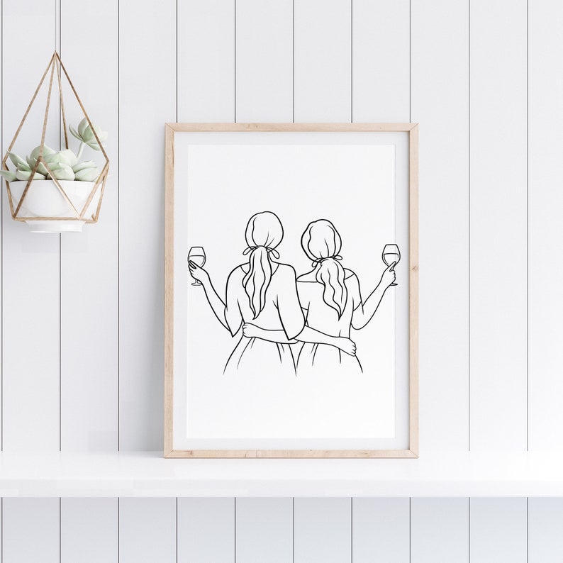 May include: Line art print of two women holding wine glasses, standing back to back with their arms around each other.
