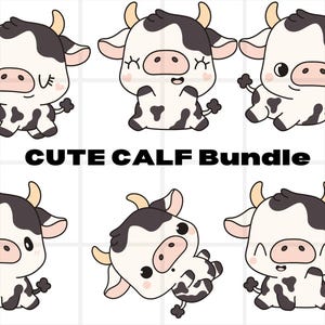 May include: A set of six cute cartoon calf illustrations in various poses. The calves are black and white with spots. The illustrations are perfect for use in digital or printed projects.