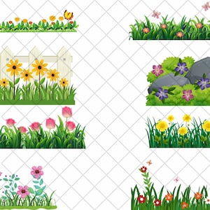 May include: A collection of eight different garden borders featuring various flowers, butterflies, and green grass. The borders include a white picket fence, rocks, and different types of flowers.