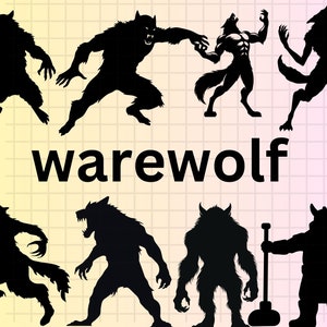 Puede incluir: Un conjunto de nueve imágenes en silueta negra de hombres lobo en varias poses. La palabra "hombre lobo" está escrita en letras negras debajo de las imágenes.