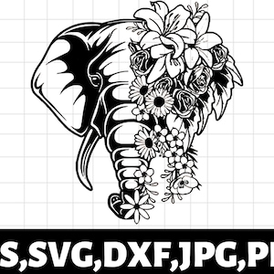 Może przedstawiać: Czarno-biała liniowa ilustracja głowy słonia z kwiatową koroną. Korona jest wykonana z różnych kwiatów, w tym lilii, róż i mniejszych kwiatów.