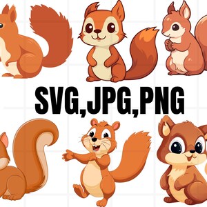 May include: A set of six cartoon squirrel illustrations in various poses. The squirrels are brown and orange with white accents. The illustrations are perfect for crafting projects, scrapbooking, or digital design.