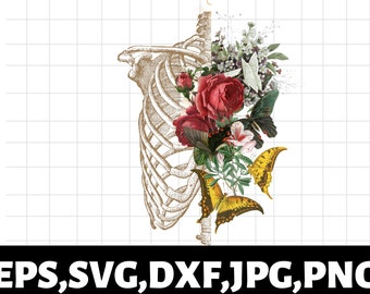 Bloemen ribbenkast SVG\ Ribbenkast SVG\ Skeleton SVG\ Gothic shirt vinyl stencil tattoo\ Cricut gesneden bestand clipart vector digitaal\ dxf png eps ai