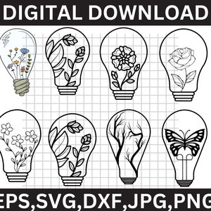 May include: Set of 8 black and white light bulb illustrations with different floral and nature designs. The designs include flowers, leaves, branches, and a butterfly.  EPS, SVG, DXF, JPG, PNG.