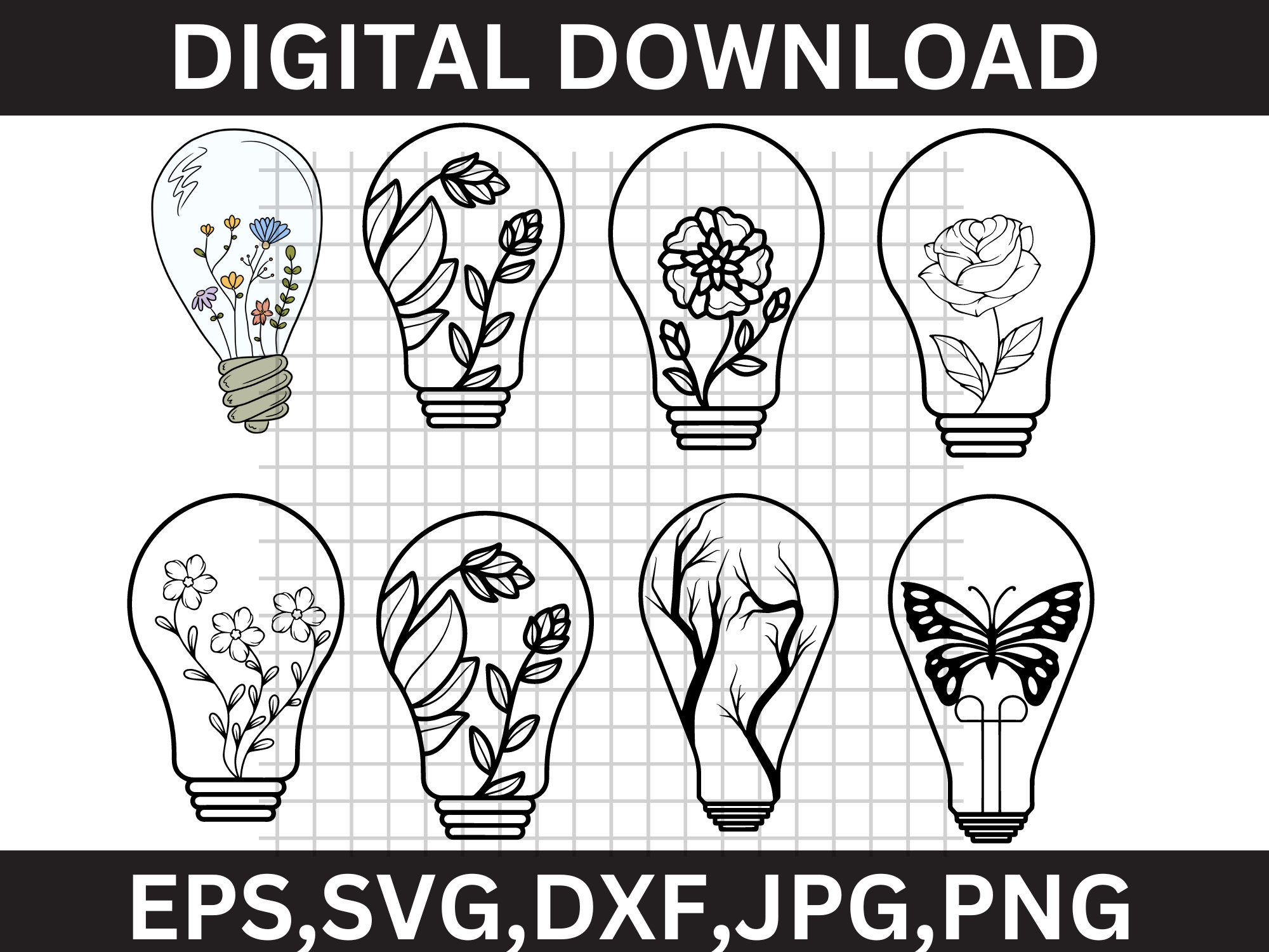 Floral Lightbulb SVG Flower Light Vector Lightbulb Clipart Lightbulb