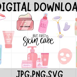 Peut inclure: Un téléchargement numérique d'illustrations de soins de la peau roses et vertes. Les illustrations comprennent un masque facial, un rouleau, une bouteille d'huile, un pot de crème de jour, un tube de teinte pour les lèvres et les joues, une bouteille de crème hydratante, une bouteille de sérum, un pot de crème et une bouteille de sérum. Le texte "BUT FIRST SKIN CARE" est écrit en cursive.