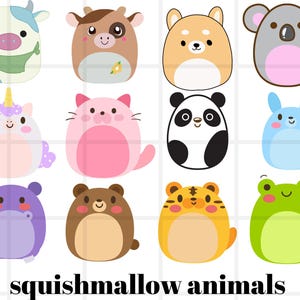 May include: A set of 10 colourful cartoon animal squishmallows. The animals include a cow, a cat, a panda, a frog, a unicorn, a tiger, a hippo, a koala, a dog, and a bear.