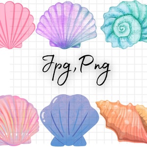 May include: Set of six watercolor illustrations of seashells in various colors, including pink, purple, blue, and orange. The shells are painted in a realistic style and have a textured appearance.