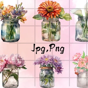 Blumen im Glas Clipart, Wildblumen Clipart, Druckbare Aquarell Clipart, PNG PNG, Digitaler Download, Papier Handwerk, Junk Journal