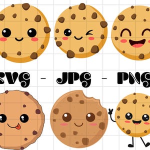 Puede incluir: Conjunto de seis galletas de chocolate con chispas de dibujos animados con diferentes expresiones faciales. Las galletas son marrones con chispas de chocolate y tienen ojos blancos, mejillas rojas y bocas sonrientes.