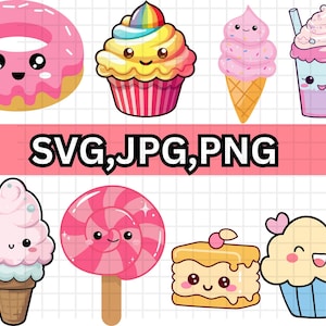 Kawaii sweets clipart\Cute sweet candy clipart\Food Cake Donut Cupcake Gumball\machine Macaron Candies\Cookie Ice cream Muffin\Dessert Party