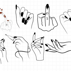 Puede incluir: Un conjunto de dibujos en blanco y negro de manos con diferentes diseños de uñas. Algunas manos sostienen herramientas para uñas, mientras que otras muestran diferentes formas y estilos de uñas.