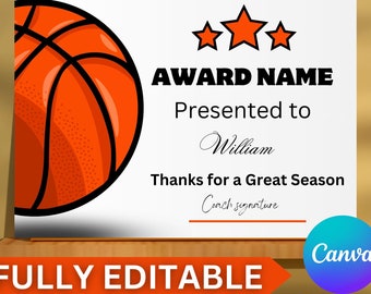 Basketball Award Certificate Editable Canva Template\ Printable Award End of Season Ceremony Basketball Awards\ Basketball Participation