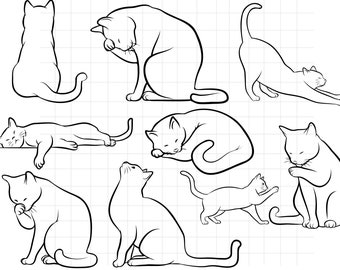 Cute Cat\ Elegant Cat Line Art\ Direct Downloads in Black & White SVG\ PNG\ jpg\ Digital Download