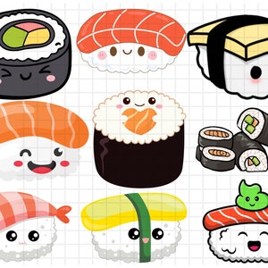 Nourriture japonaise PNG Clipart\ Cute Kawaii Sushi Cartoon Clip Art\ PNG transparent Bundle\ Set Ramen Onigiri Wasabi Mochi Sublimation Design