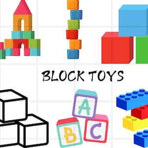 Può includere: Una collezione di giocattoli a blocchi colorati, tra cui una torre di blocchi impilati, una struttura a forma di castello, un set di blocchi alfabetici e una pila di blocchi di costruzione classici. L'immagine include anche il testo "BLOCK TOYS".