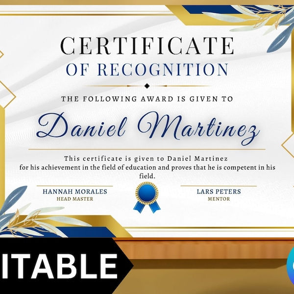 Bewerkbare sjabloon voor certificaat van erkenning\ Bewerkbare afdrukbare certificaatsjabloon\ Achievement Award