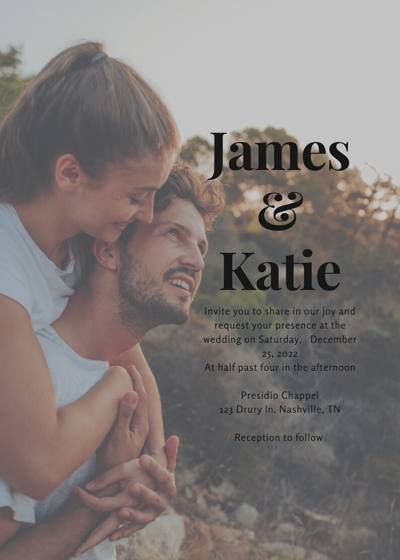 May include: A wedding invitation with a photo of a couple embracing in a forest setting. The invitation reads "James & Katie" and includes the wedding date, time, and location: Saturday, December 25, 2022, at half past four in the afternoon at Presidio Chappel, 123 Drury In. Nashville, TN. Reception to follow.