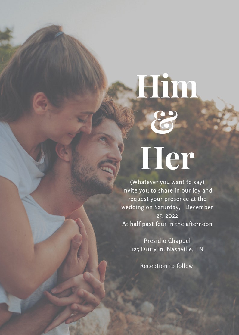May include: A wedding invitation with a photo of a couple embracing in a field. The invitation reads "Him & Her" and includes the date, time, and location of the wedding ceremony and reception.