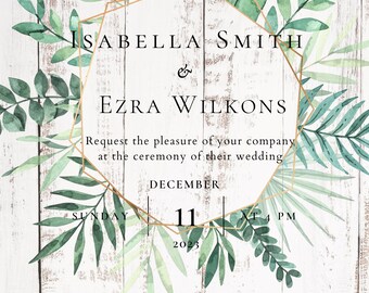White Wood Invite, Wedding Invitation, Digital Download, Christmas Theme Invite, DIY Invites, Easy Wedding Invites, Customizable Invites