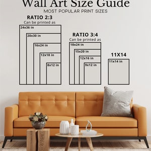 May include: A guide to wall art print sizes, showing the most popular sizes for prints with a 2:3 and 3:4 ratio. The image shows a white wall with black outlines of different sized rectangles, labeled with their dimensions in inches. The text "Wall Art Size Guide" is at the top of the image, and the text "MOST POPULAR PRINT SIZES" is below it.