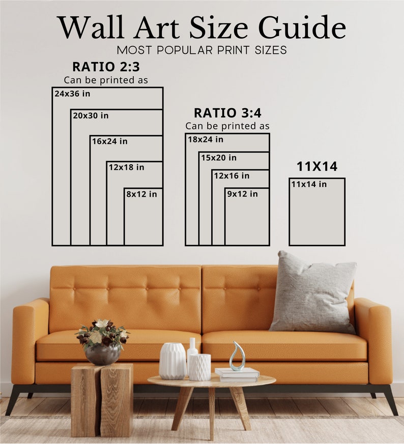 May include: A guide to wall art print sizes, showing the most popular sizes for prints with a 2:3 and 3:4 ratio. The image shows a white wall with black outlines of different sized rectangles, labeled with their dimensions in inches. The text "Wall Art Size Guide" is at the top of the image, and the text "MOST POPULAR PRINT SIZES" is below it.
