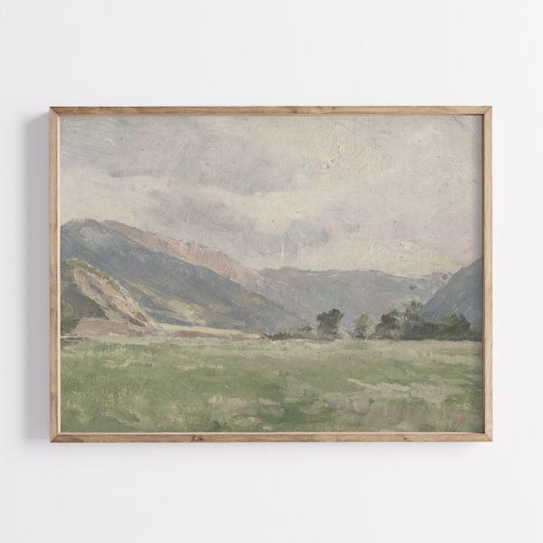 Vintage Mountain Painting | Bookshelf Decor | Muted Soft Green Landscape | Kitchen Shelf Wall Art | Neutral Tone Vintage Spring Art Prints
