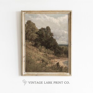 Op de afbeelding: Een vintage landschapschilderij in een gouden lijst. Het schilderij toont een groene heuvel met bomen en een rivier in de verte. De lucht is bewolkt en blauw.