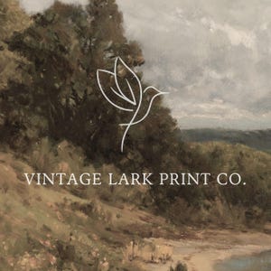 Op de afbeelding: Een vintage landschapsschilderij met een gestileerd vogellogo en de tekst "Vintage Lark Print Co."