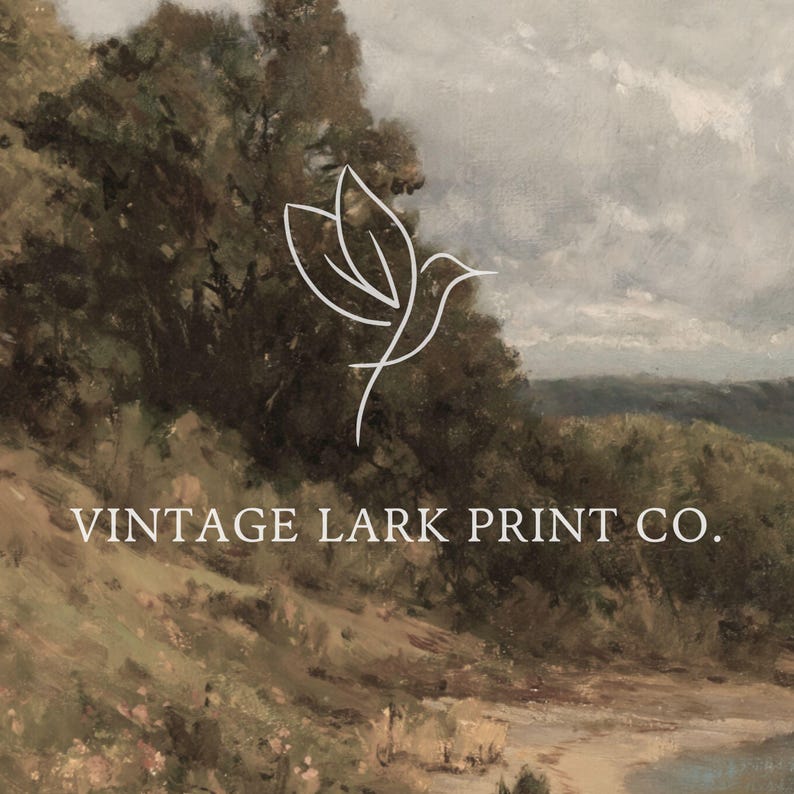 Op de afbeelding: Een vintage landschapsschilderij met een gestileerd vogellogo en de tekst "Vintage Lark Print Co."