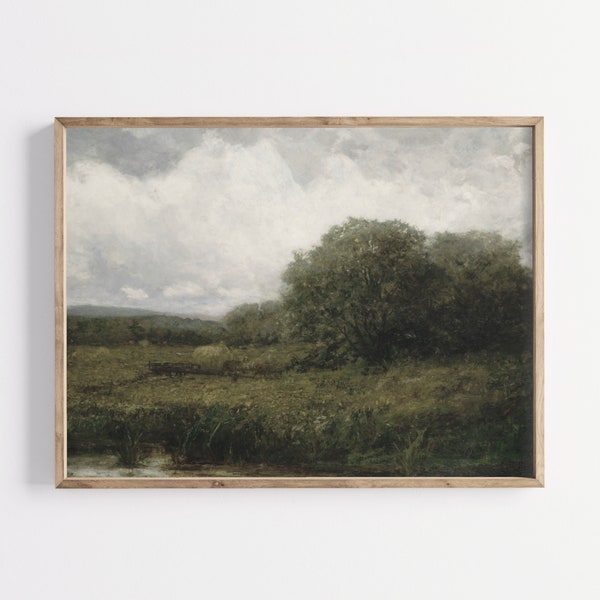 Vintage Moody Art | Country Landscape Painting | Printable Wall Art | Dark Green Wall Decor | Moody Landscape | Antique Digital Art Print