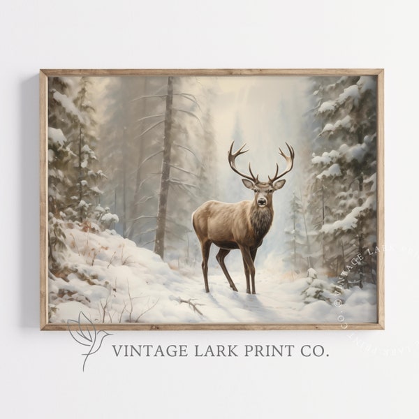 Vintage Deer in Winter Print Snowy Wall Art Farmhouse Christmas Wall Art Winter Forest Deer Print Antique Country Painting Printable Art